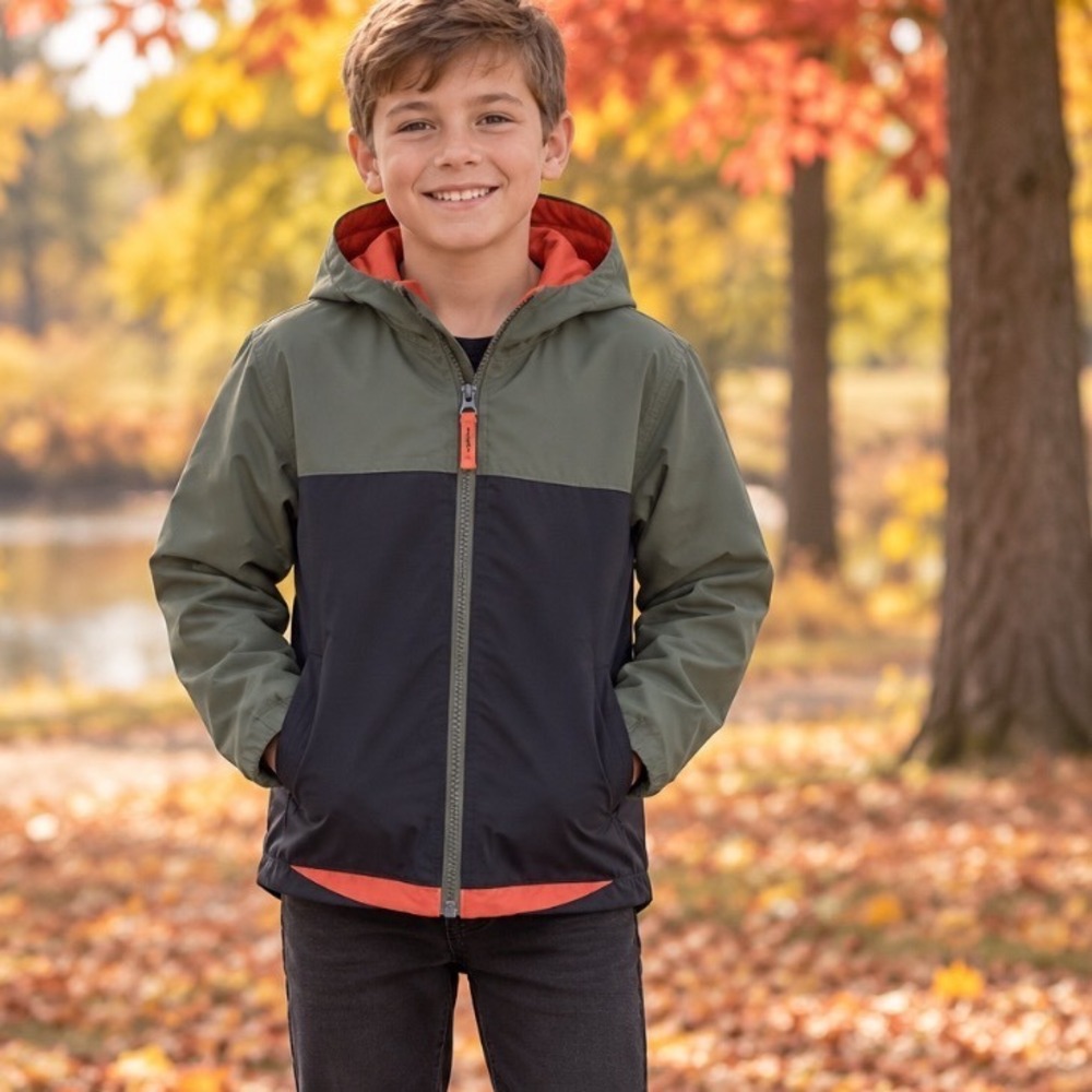Eddie Bauer Kids M 10/12 Windbreaker Jacket Green Black Colorblock Hooded Zip